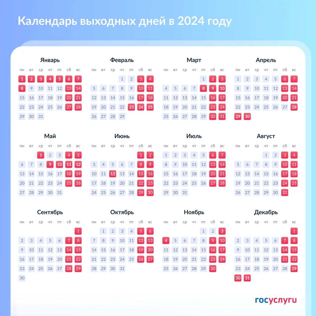 Календарь рабочих и выходных дней в 2024 году